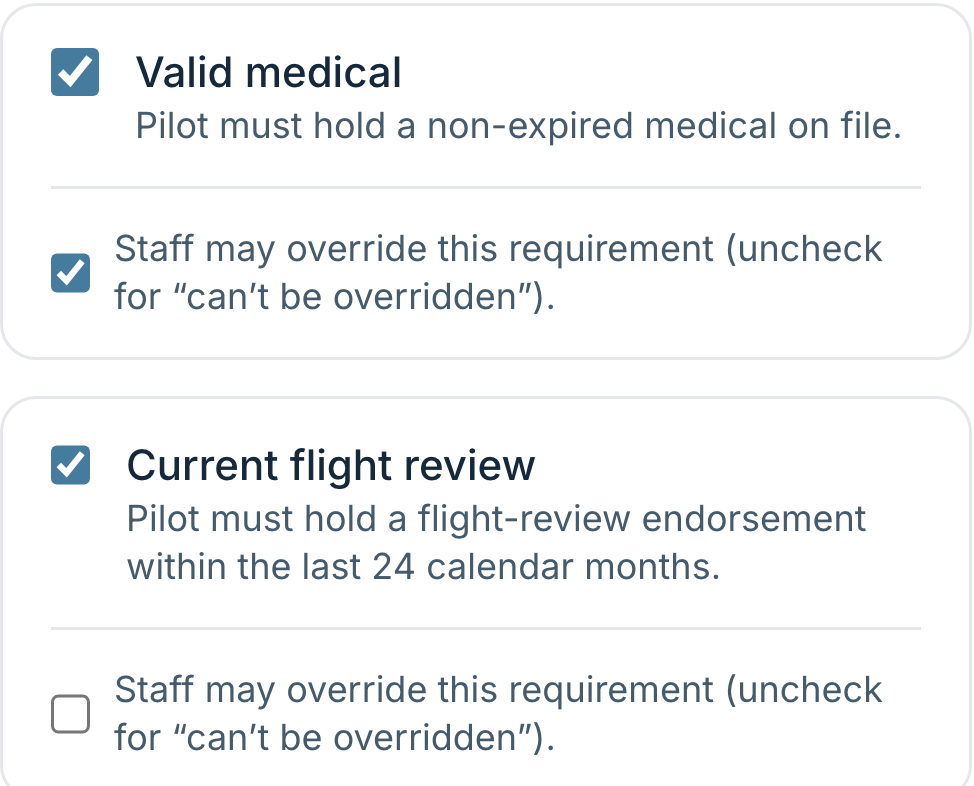 Booking gates, each with a switch for the check and a second switch for whether staff may override it